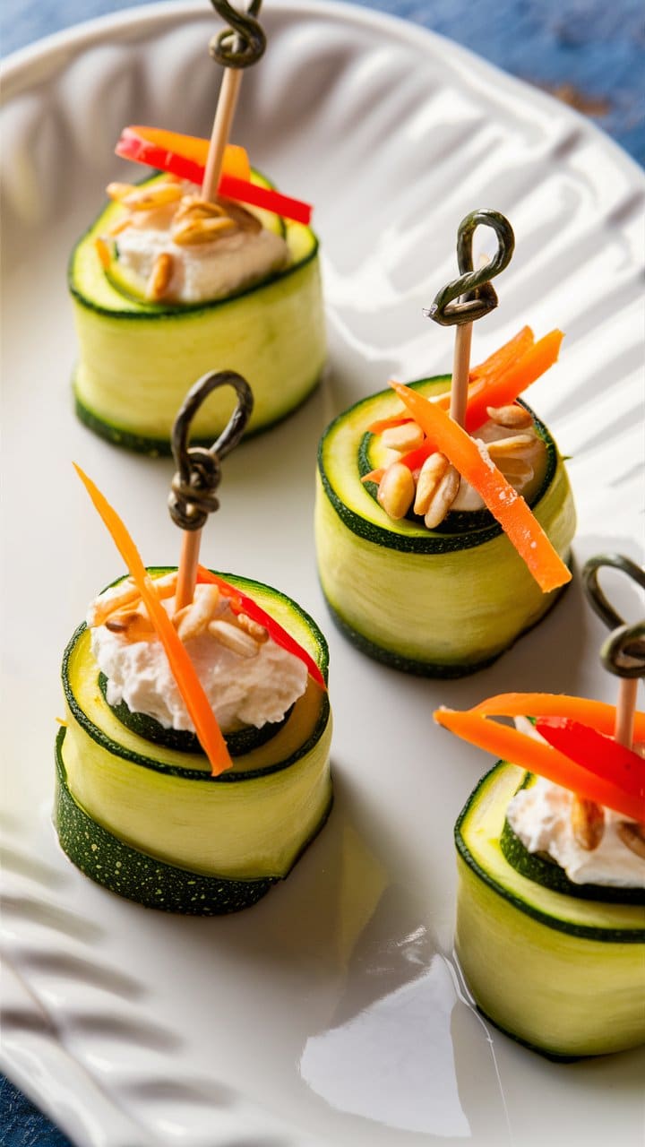 Apéritif de courgettes roulées au fromage frais.