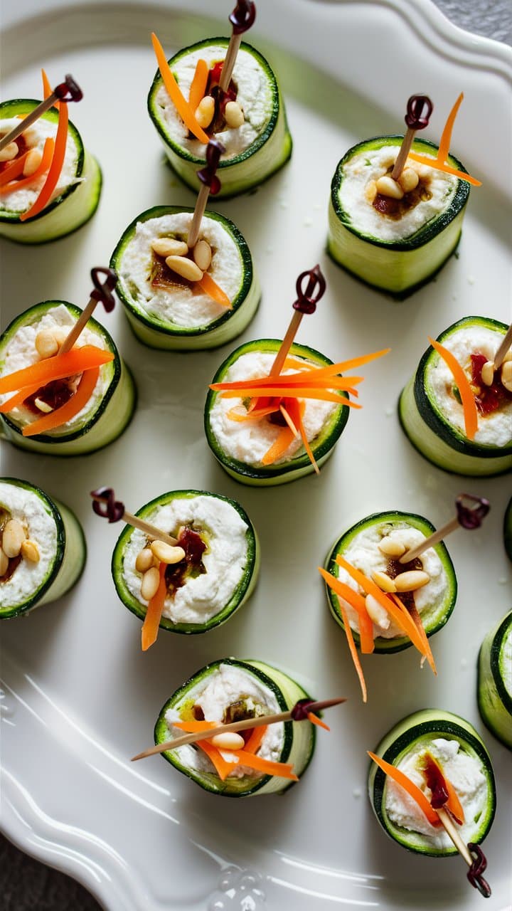 Apéritifs de courgettes et fromage frais sur plateau.