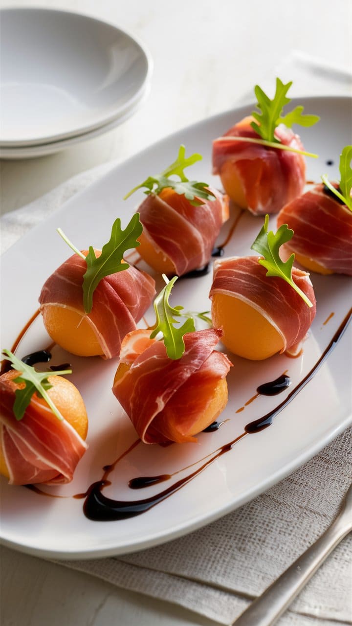 Billes de melon décorées de jambon et roquette