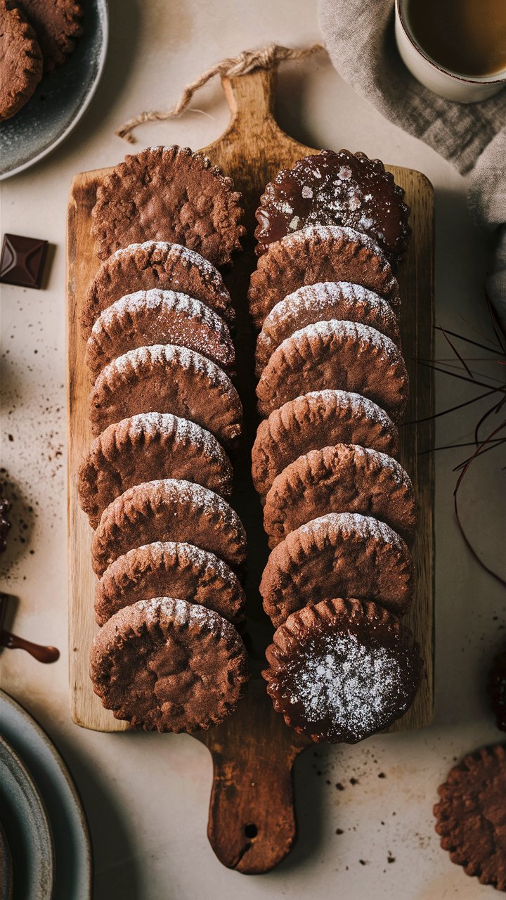 Cookies au chocolat sur planche en bois.