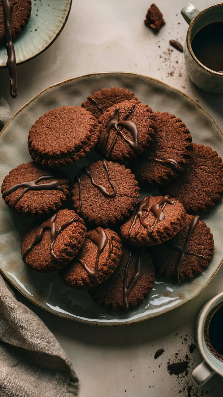 Assiette de biscuits au chocolat décorés.