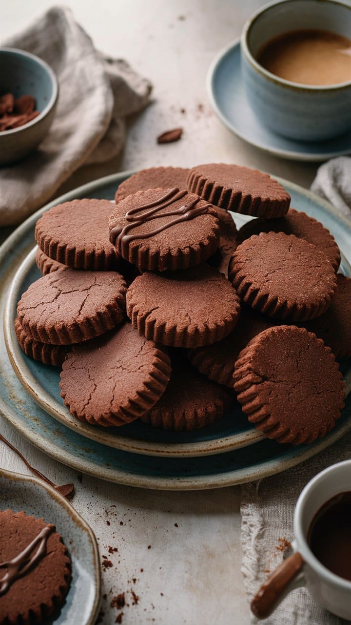 Assiette de biscuits au chocolat avec café.