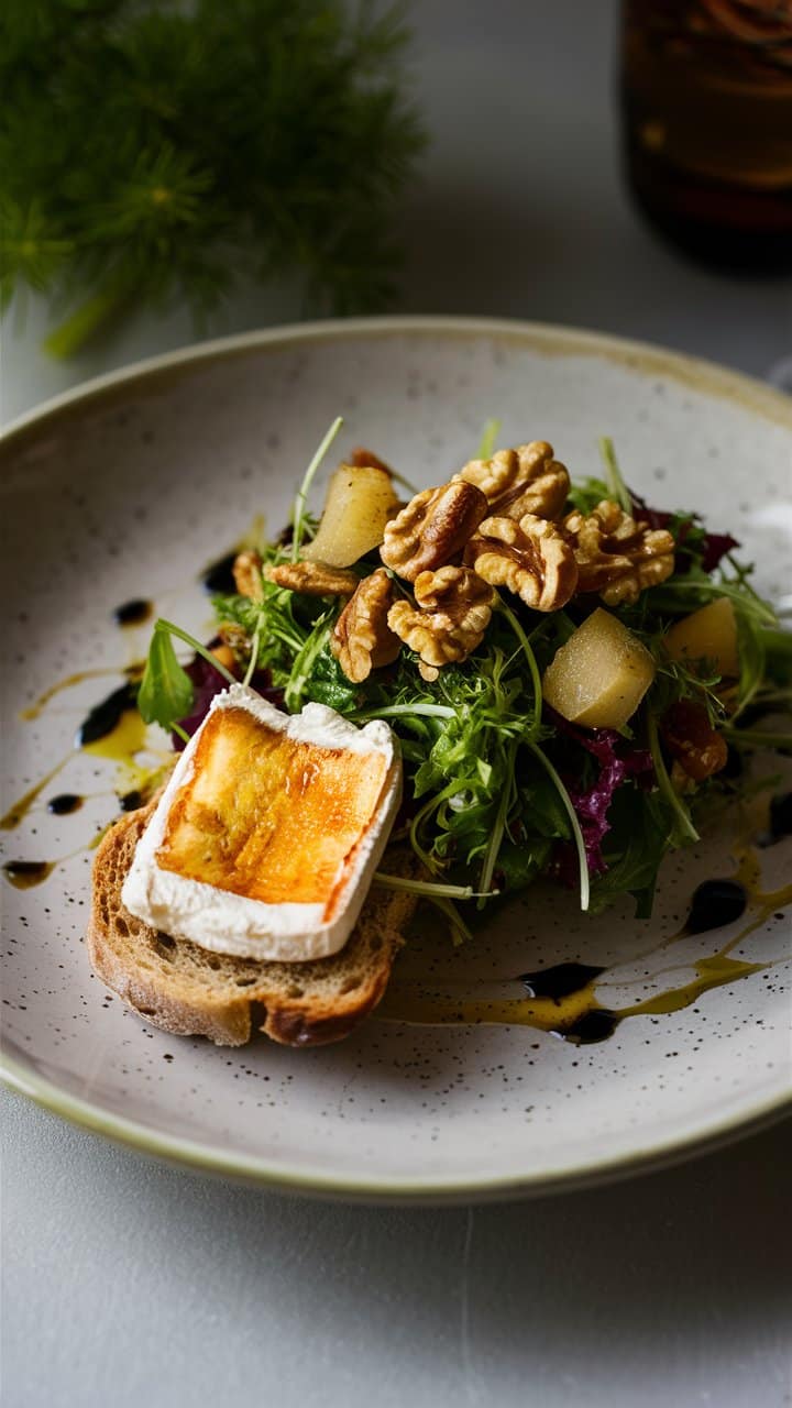 Salade verte avec fromage, noix et poires.