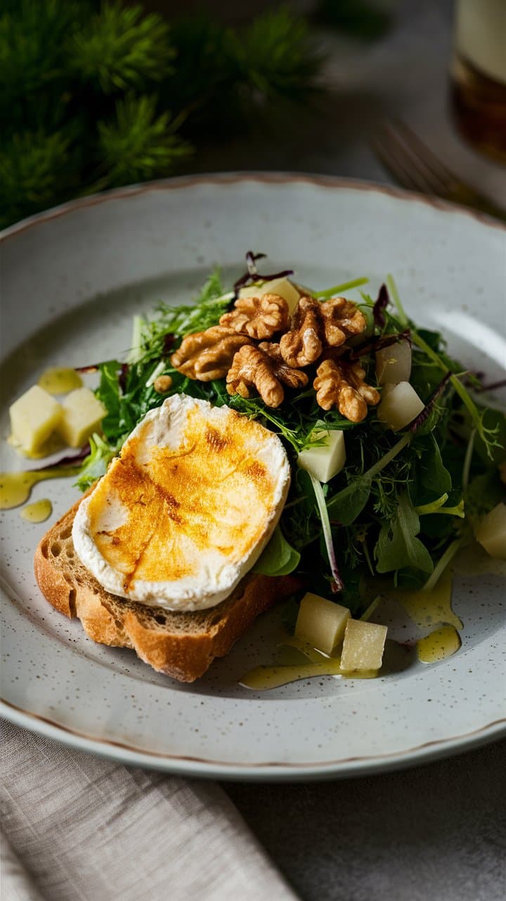 Tartine fromage de chèvre, salade et noix.