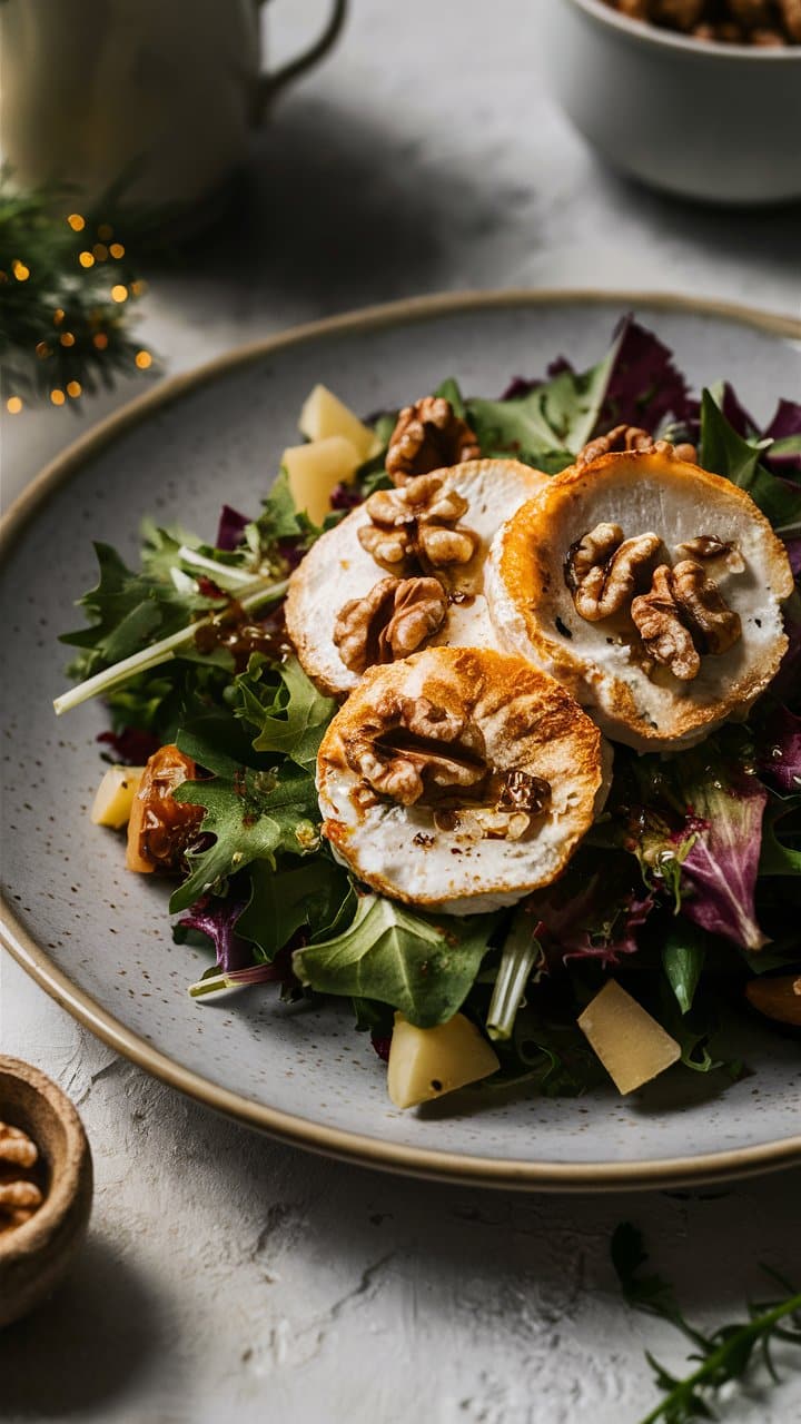 Salade au chèvre chaud et noix sur assiette