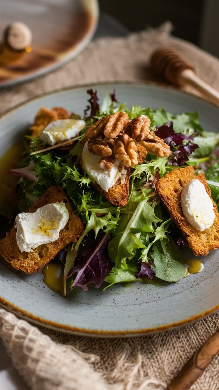 Salade de chèvre et noix sur assiette grise.