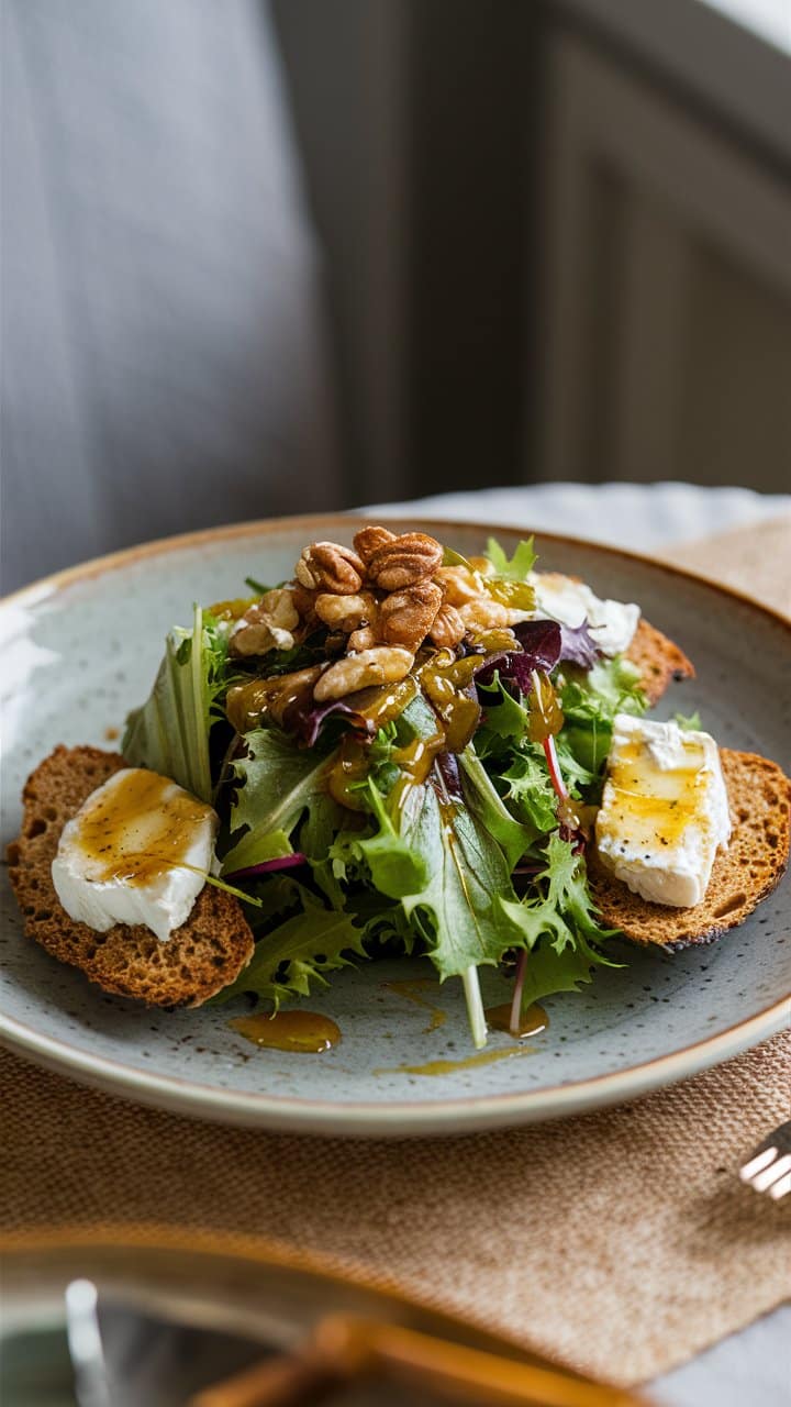 Salade verte avec chèvre, miel et noix.