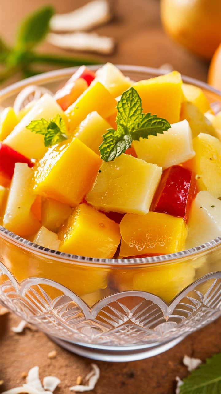 Salade de fruits colorée avec menthe.
