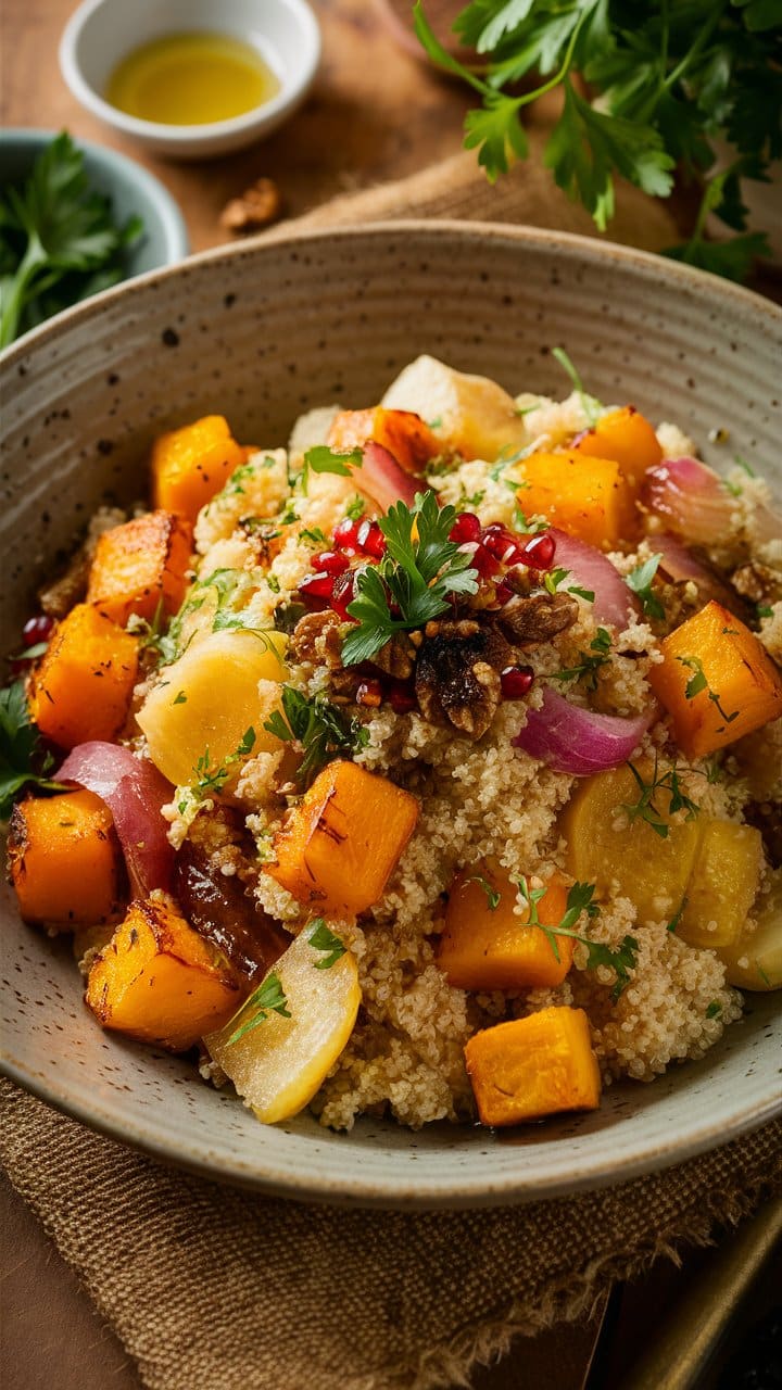 Salade quinoa avec légumes rôtis et noix.