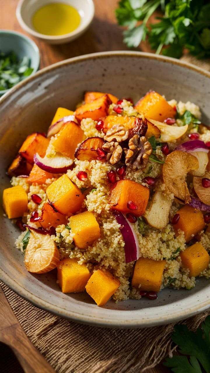 Salade de couscous avec légumes rôtis et noix.