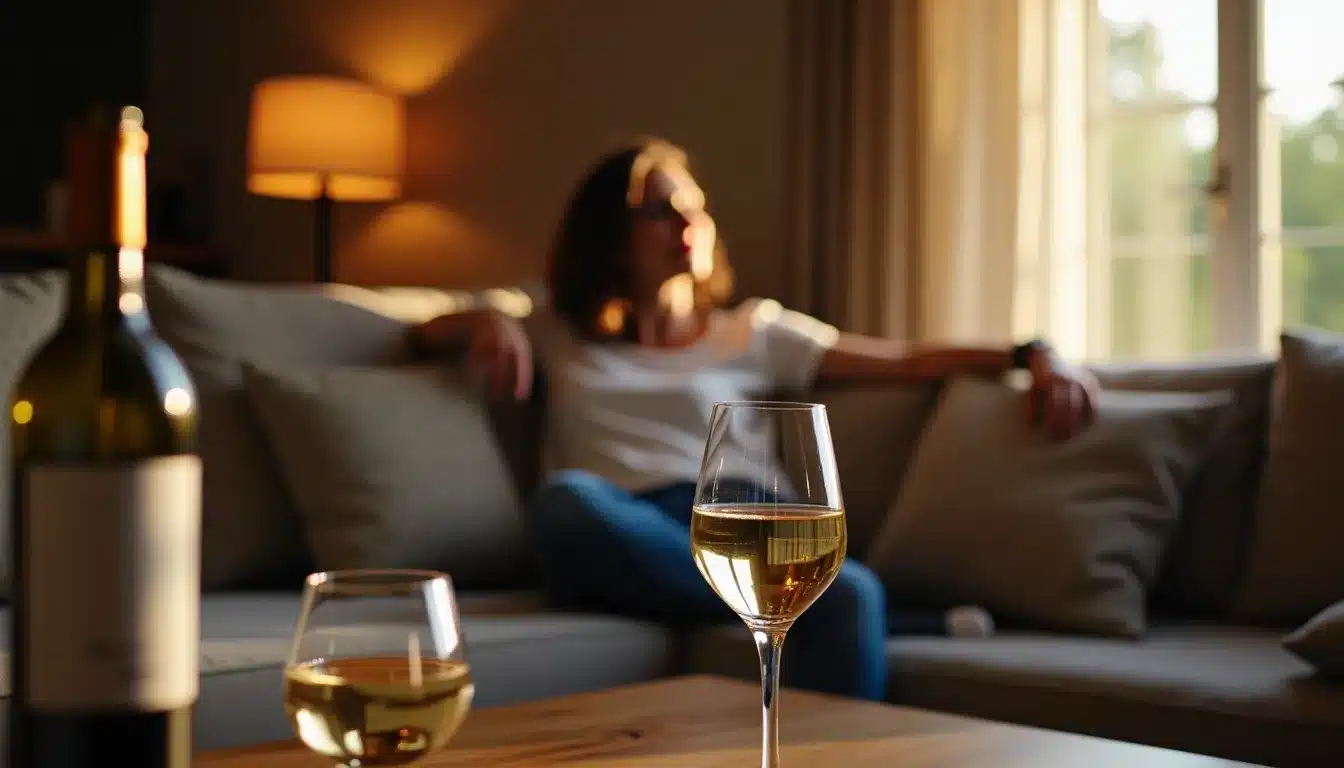 Verre de vin blanc sur table, personne floue derrière.
