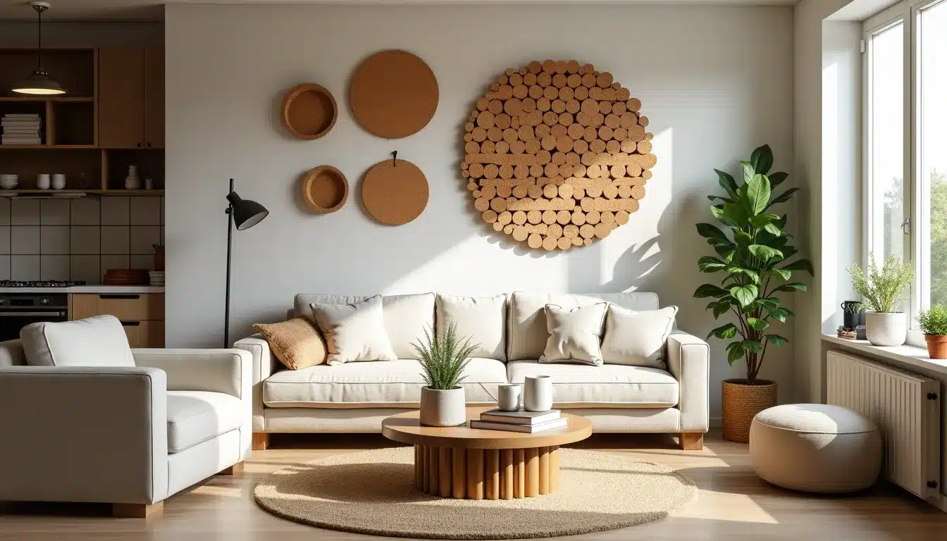Salon cosy avec décoration murale en bois.