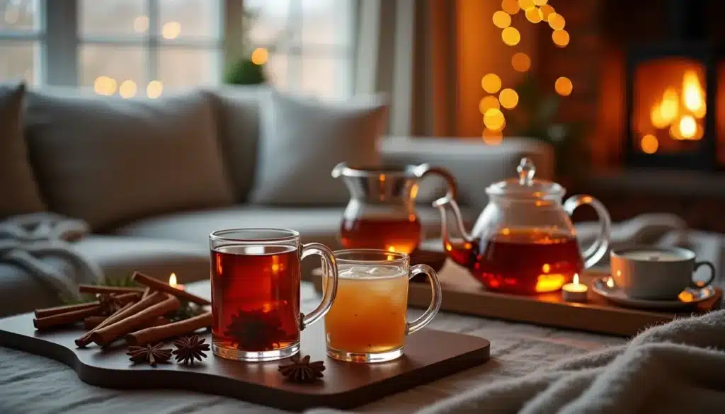 Boissons chaudes près du feu dans salon cosy.