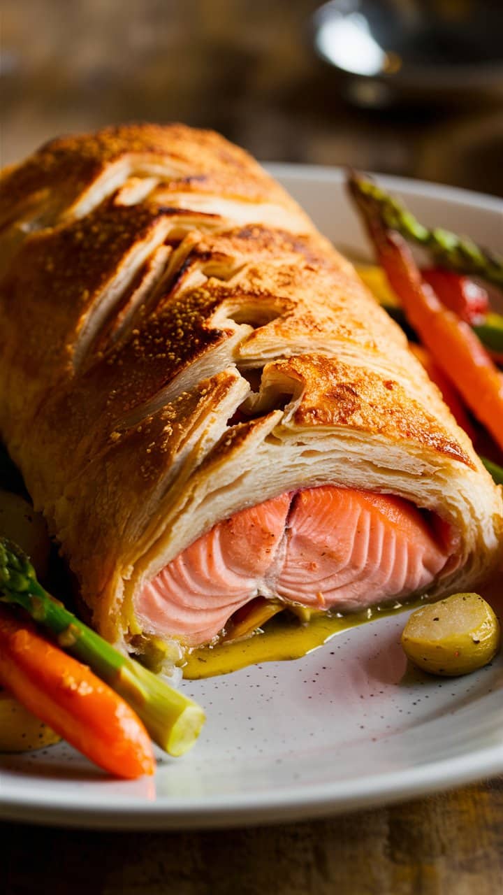Saumon en croûte avec légumes rôtis.