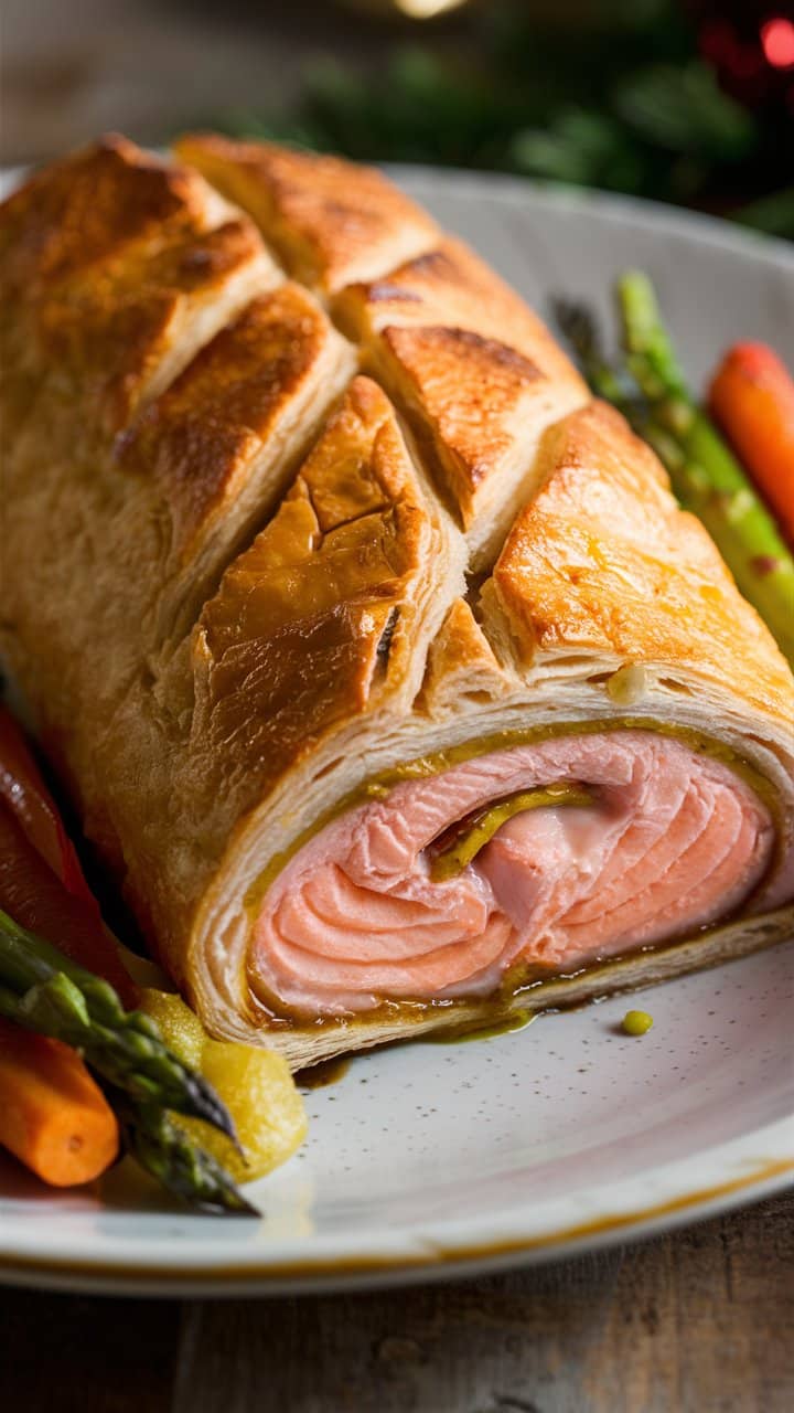 Saumon en croûte, asperges et carottes.