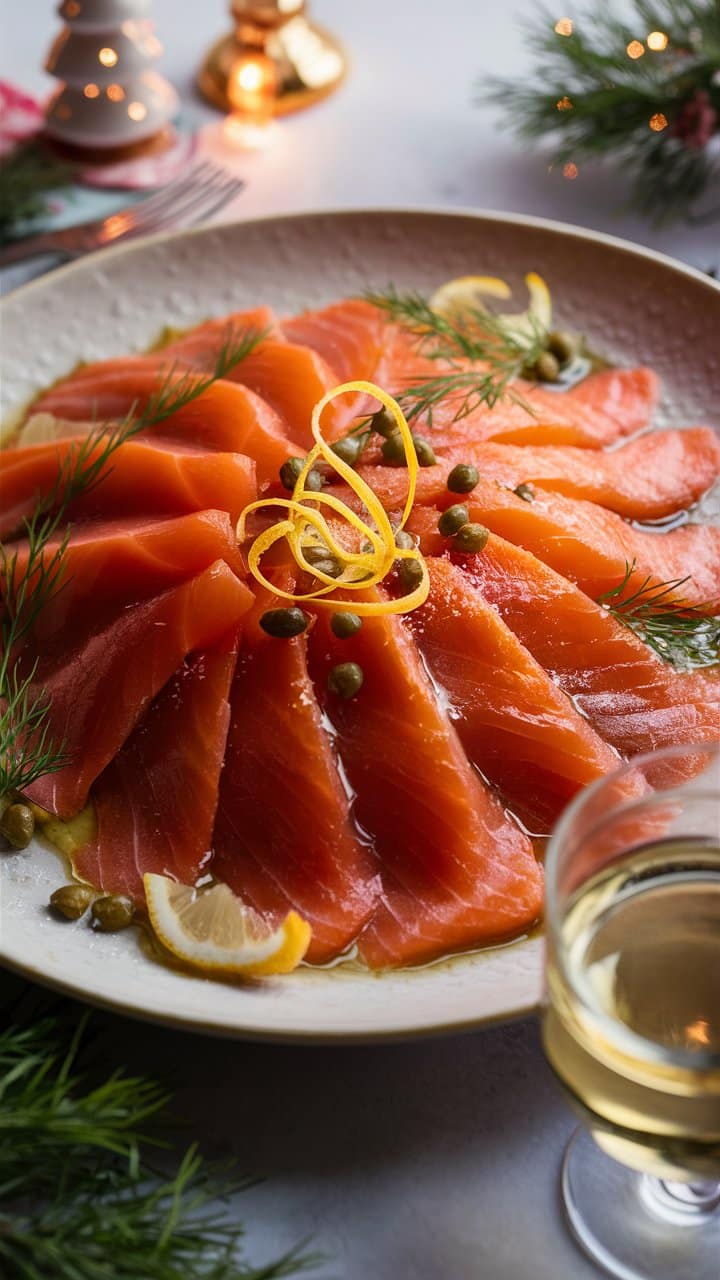 Assiette de saumon mariné avec citrons et câpres.