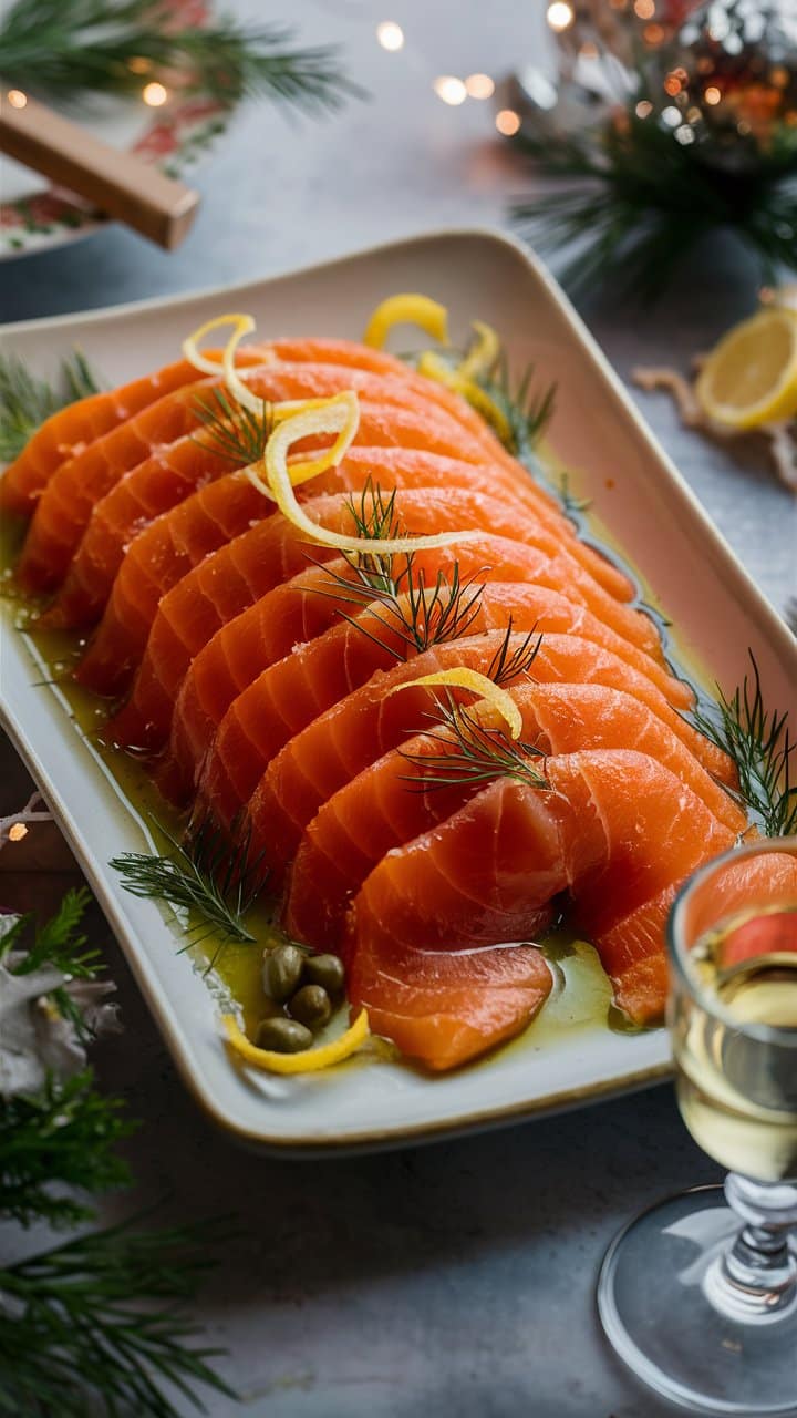 Assiette de saumon fumé avec citron et aneth.
