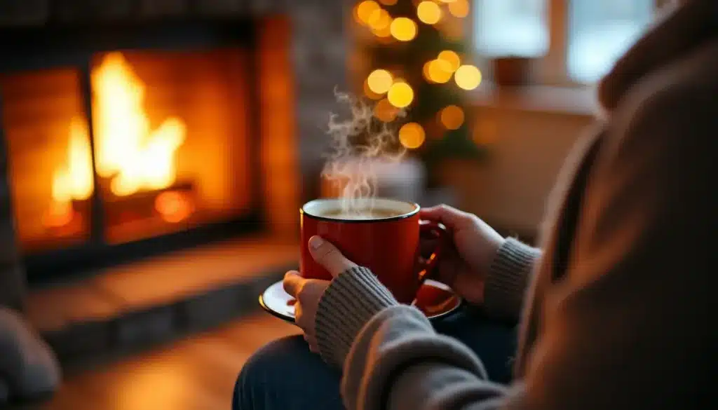 Tasse de thé près d'une cheminée allumée
