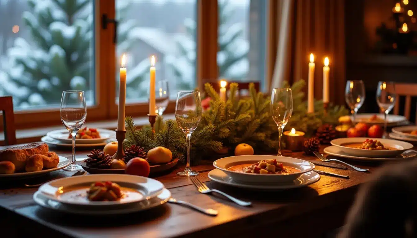 Table de fête décorée avec bougies et vaisselle.