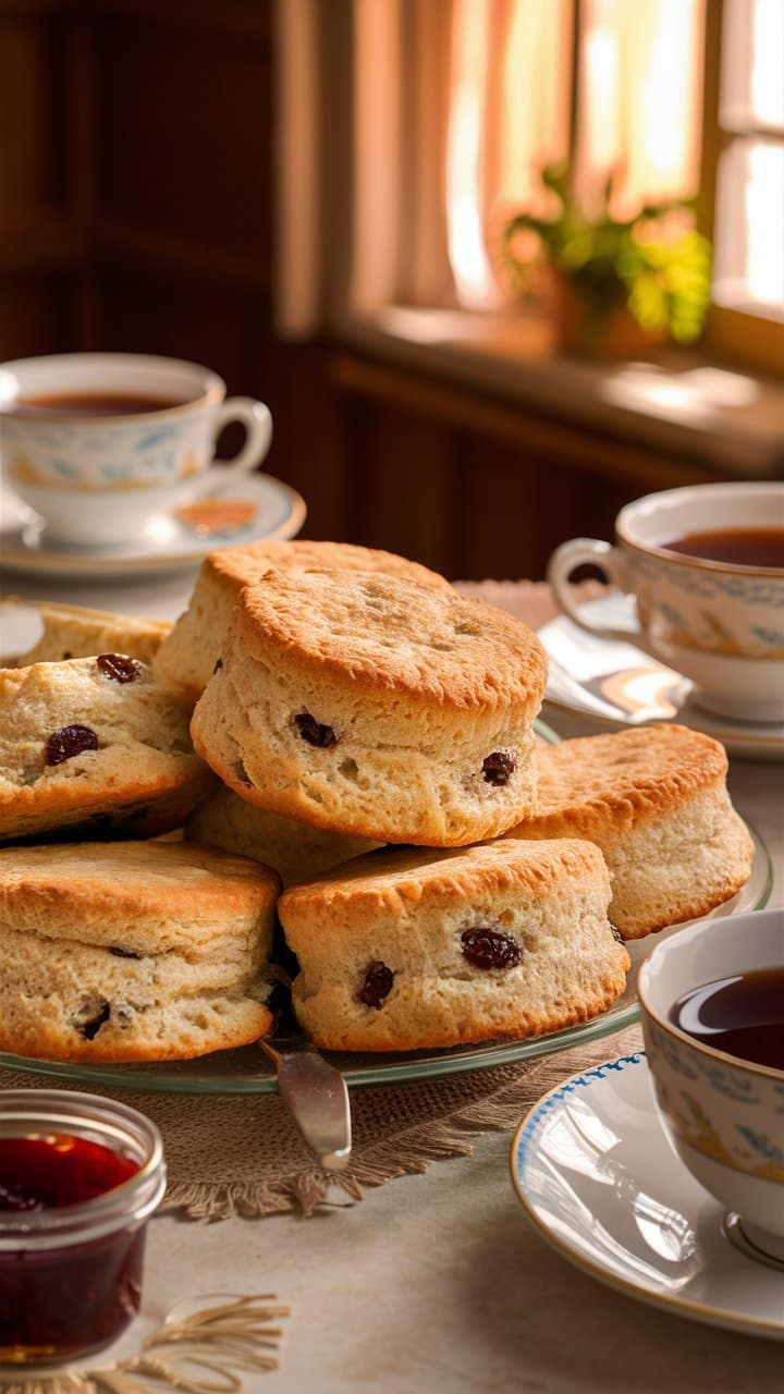 Assiette de scones avec tasses de thé.