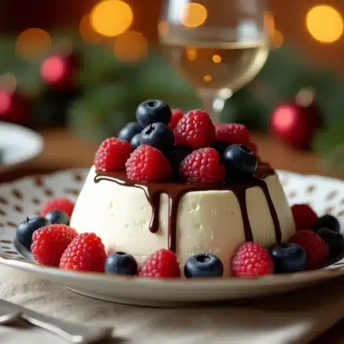 Dessert panna cotta avec fruits rouges et chocolat.