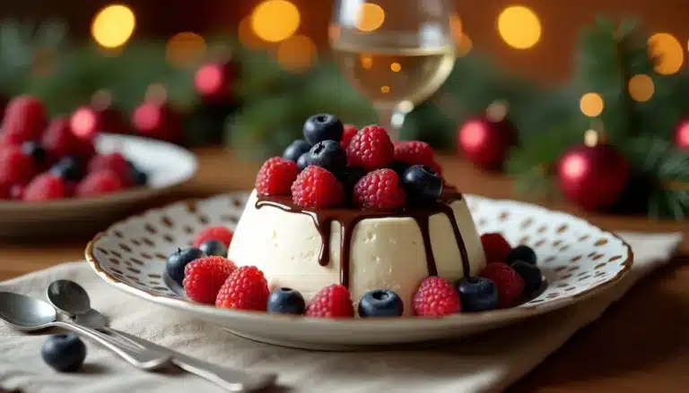 Dessert panna cotta avec fruits rouges et chocolat.