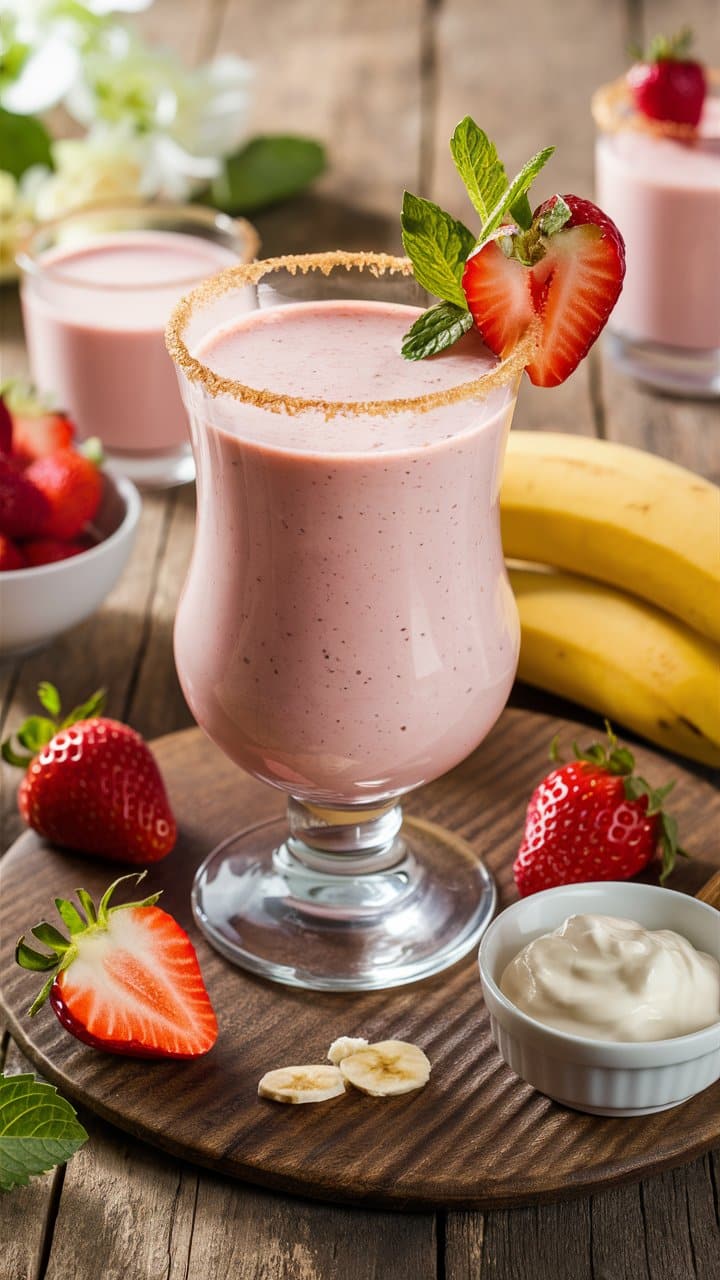 Smoothie fraise-banane décoré de menthe.