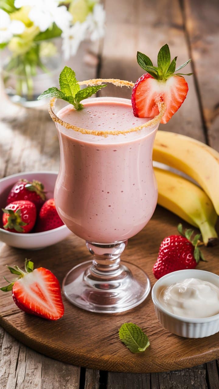Smoothie fraise-banane sur table en bois rustique.
