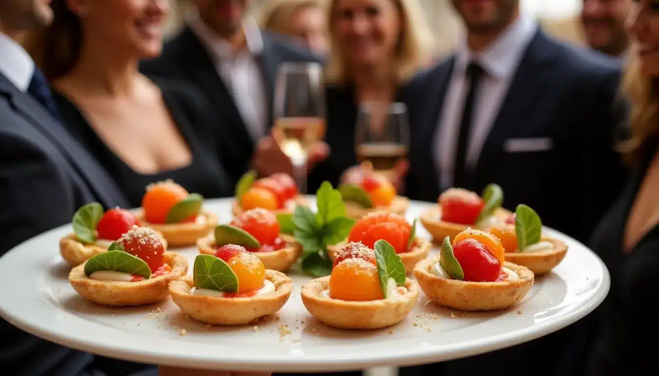 Plateau de canapés colorés en réception élégante.