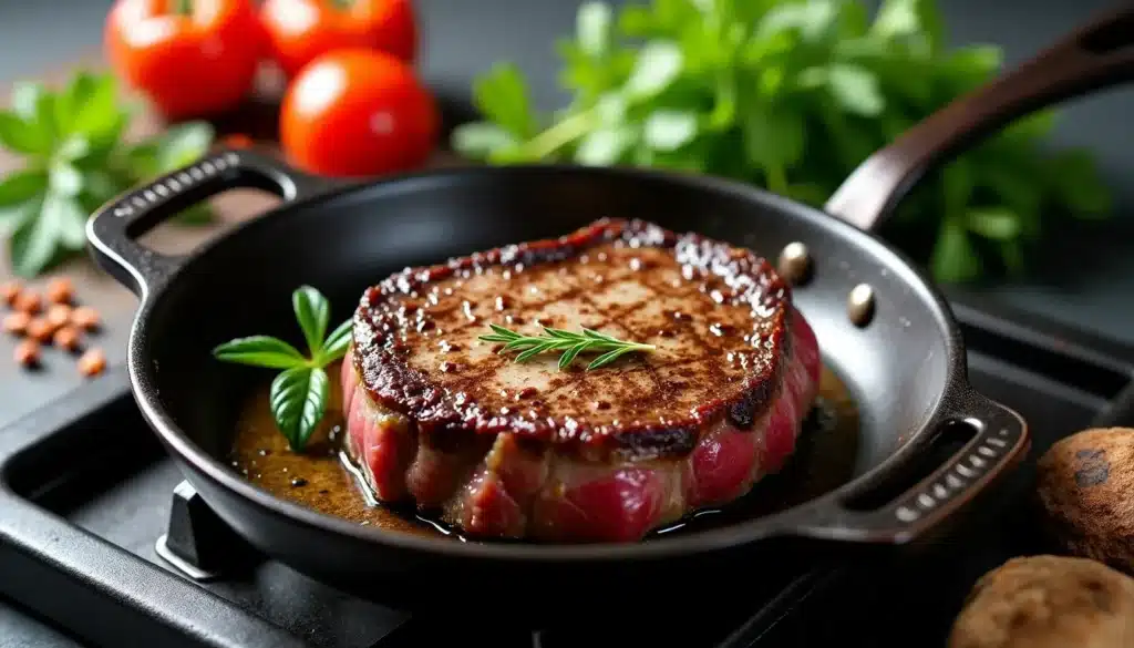 Steak grillé dans poêle avec herbes et légumes frais.