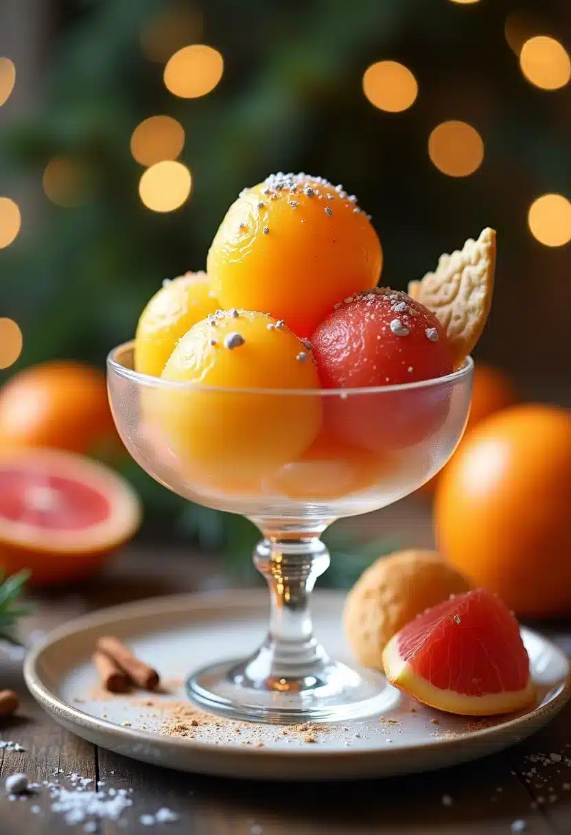 Dessert de sorbet aux agrumes élégamment présenté.