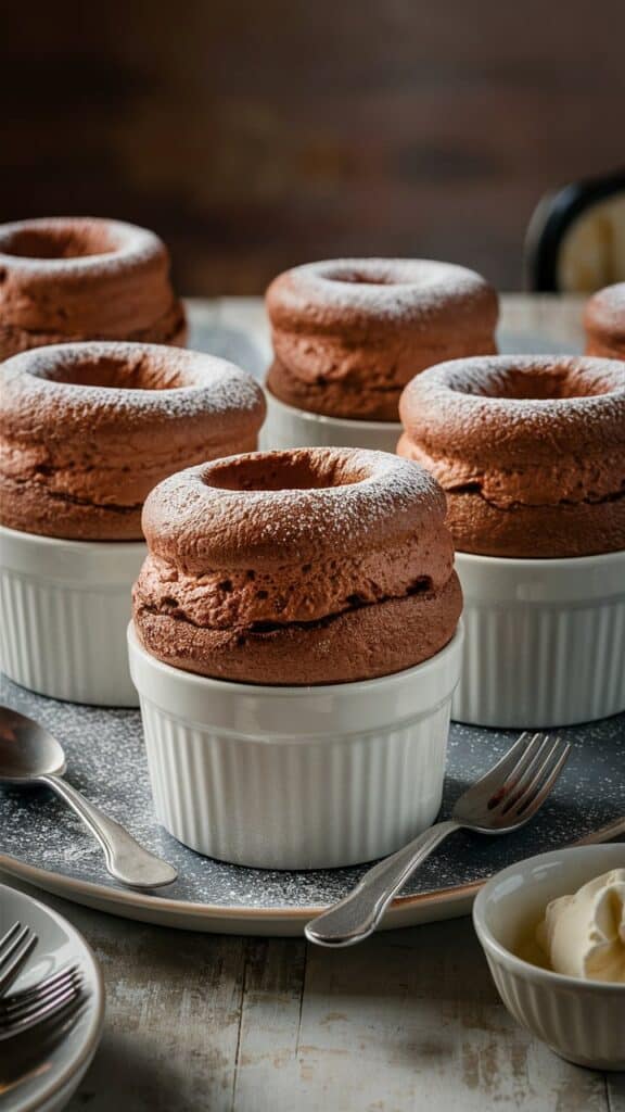 Soufflés au chocolat dans des ramequins blancs.