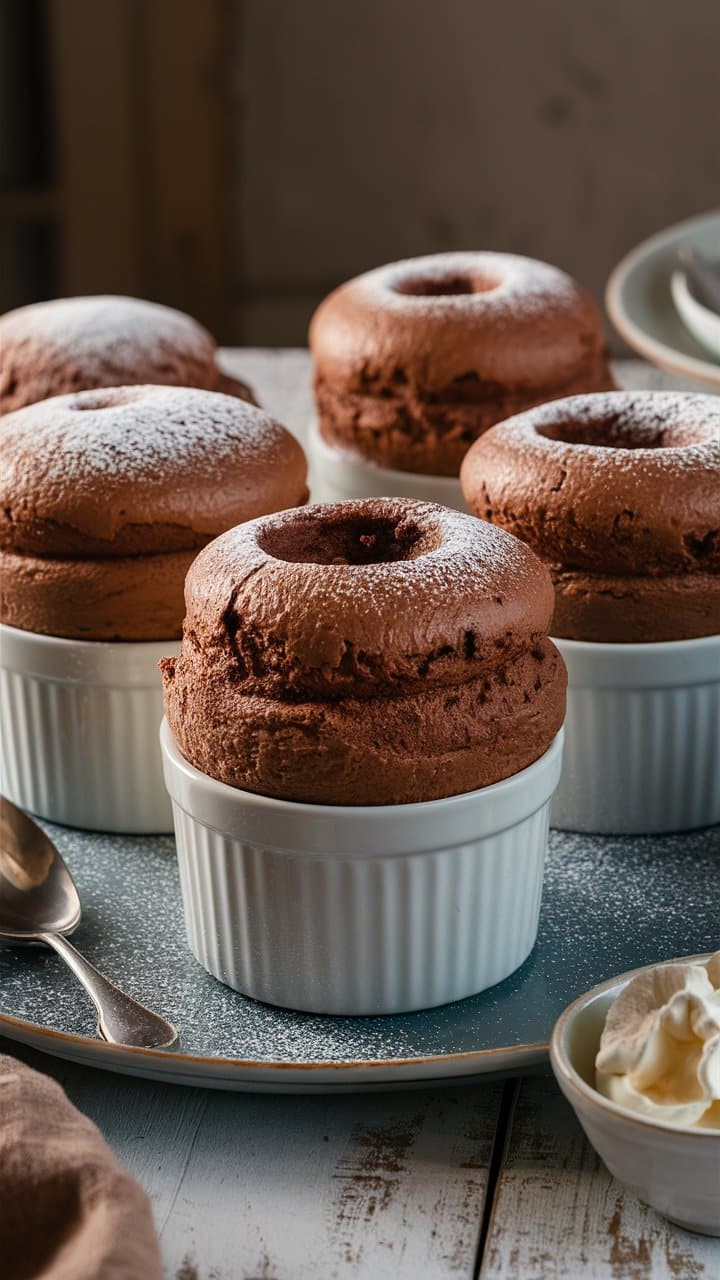 Soufflés au chocolat individuels saupoudrés de sucre glace.