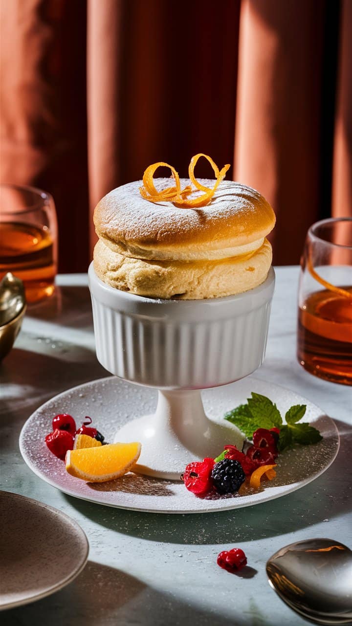 Soufflé aux fruits et zestes d'orange.
