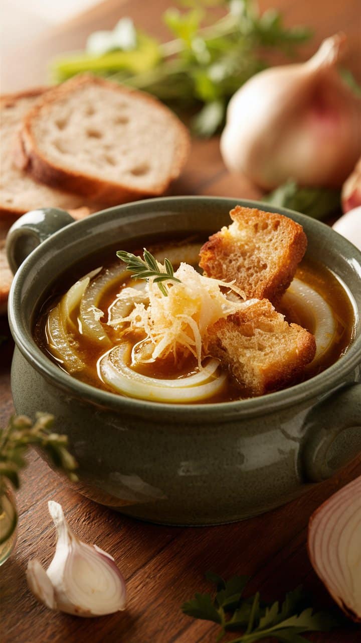 Soupe à l'oignon avec croûtons et fromage.