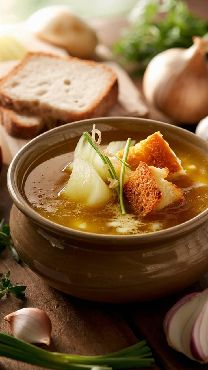 Soupe à l'oignon avec pain sur table.