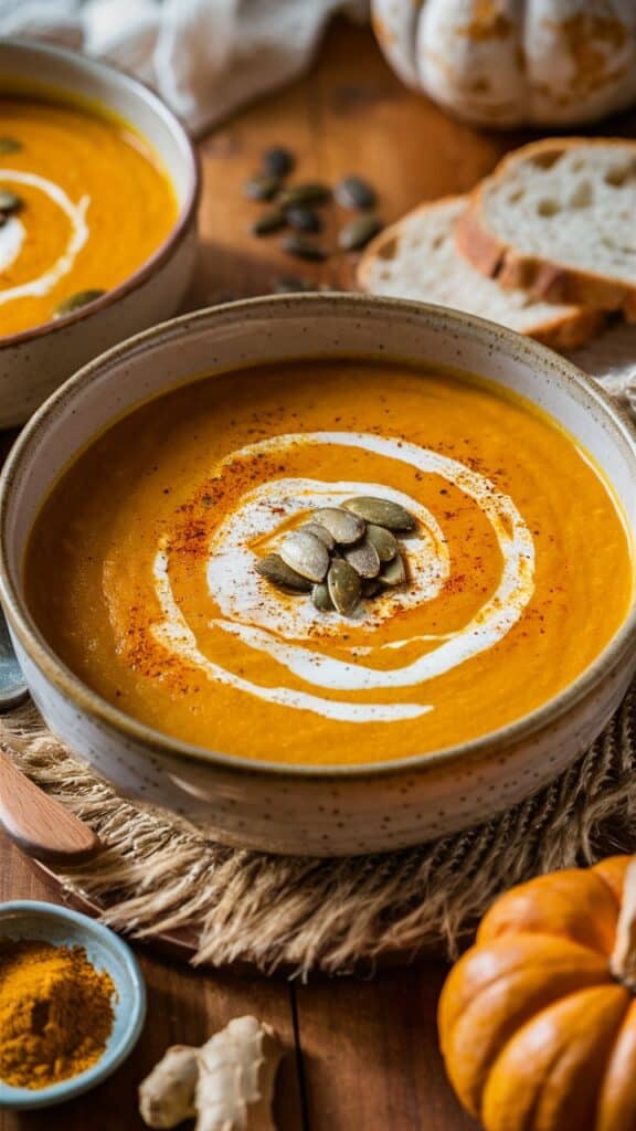 Soupe de potiron garnie de graines de courge.