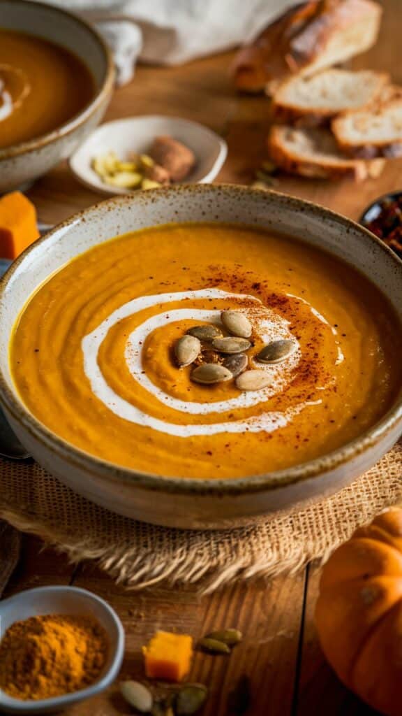 Soupe de potiron garnie de crème et graines.