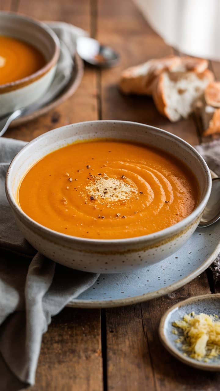 Bol de soupe à la courge sur table en bois.