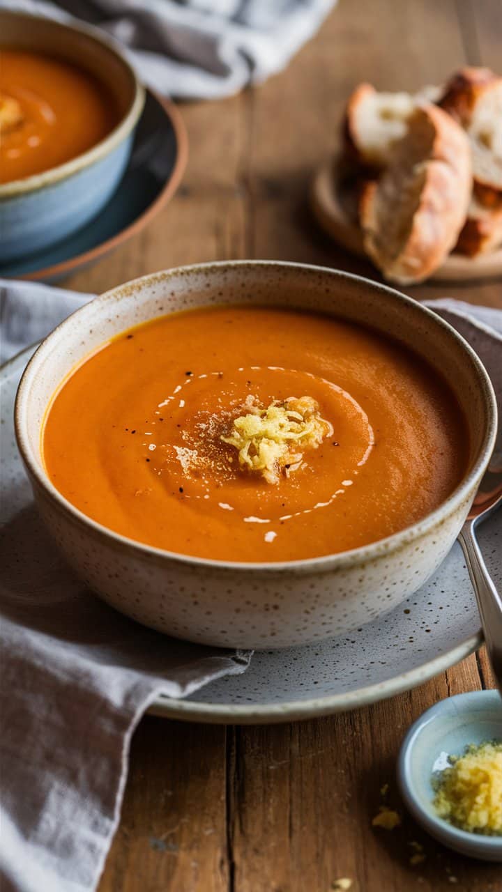 Soupe à la tomate avec fromage, pain en arrière-plan.