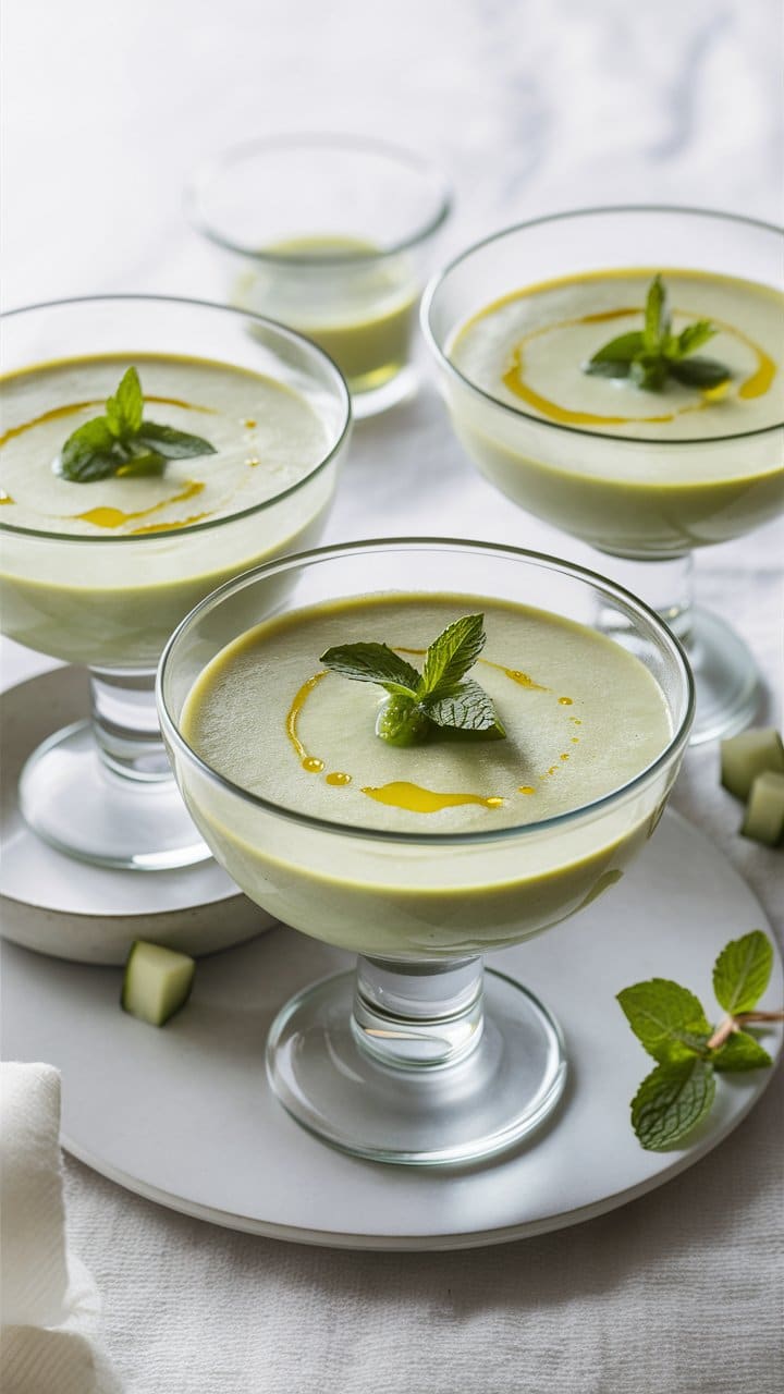Verrines de soupe froide au concombre et menthe.