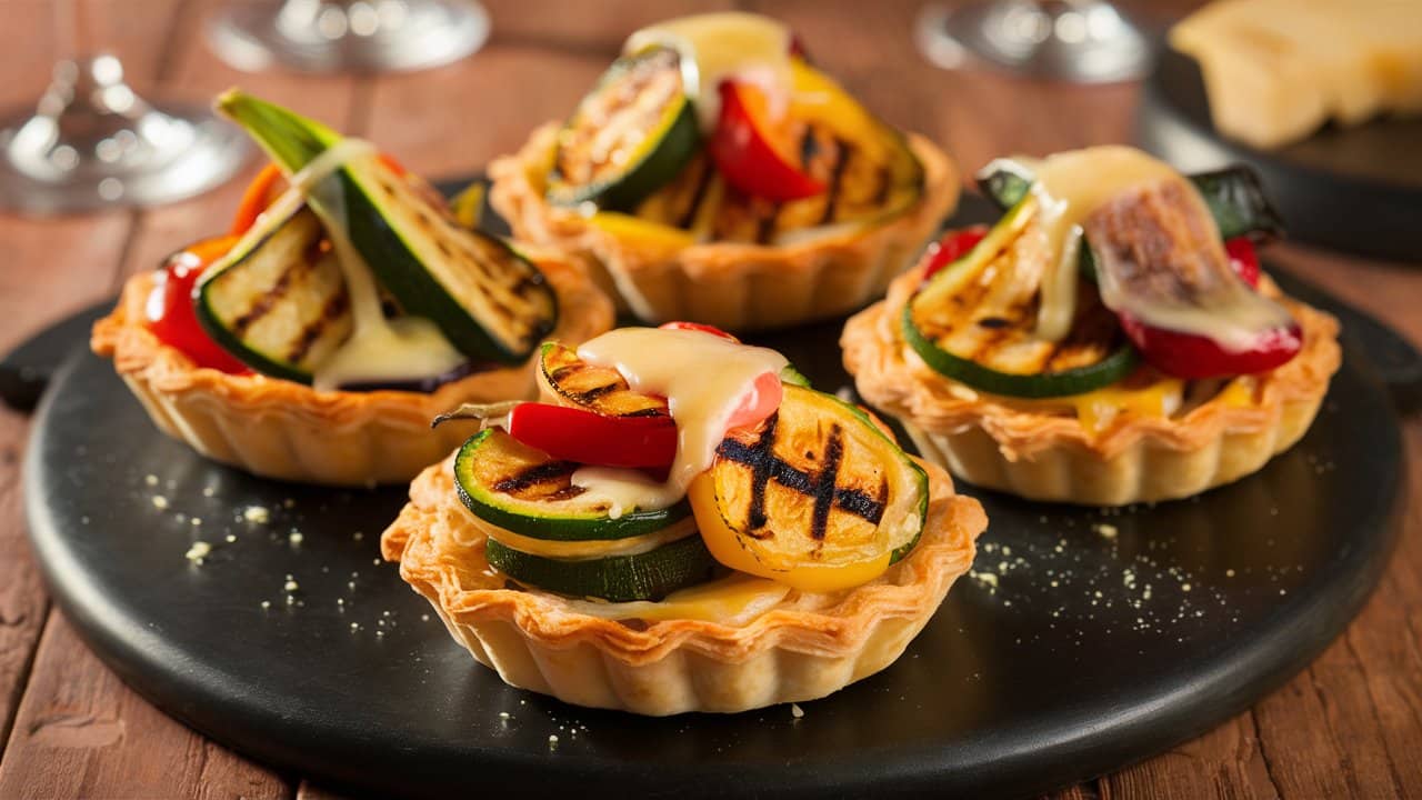 Tartelettes aux légumes grillés et fromage fondu.