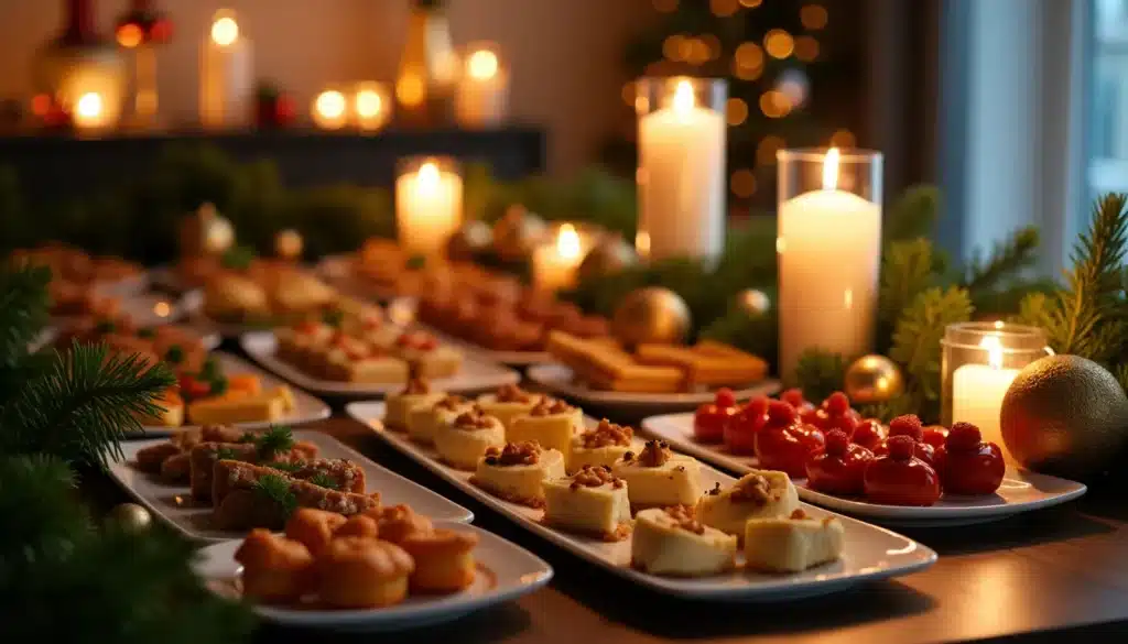 Buffet de Noël avec bougies allumées.