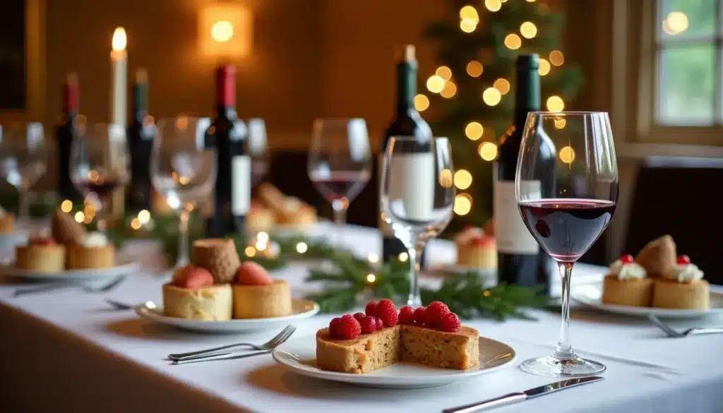 Table festive avec vin, gâteaux et bougies allumées.