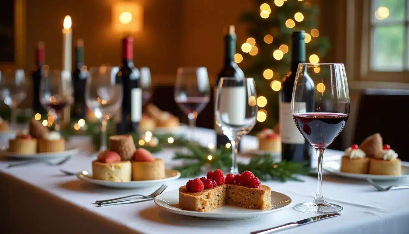 Table festive avec vin, gâteaux et bougies allumées.