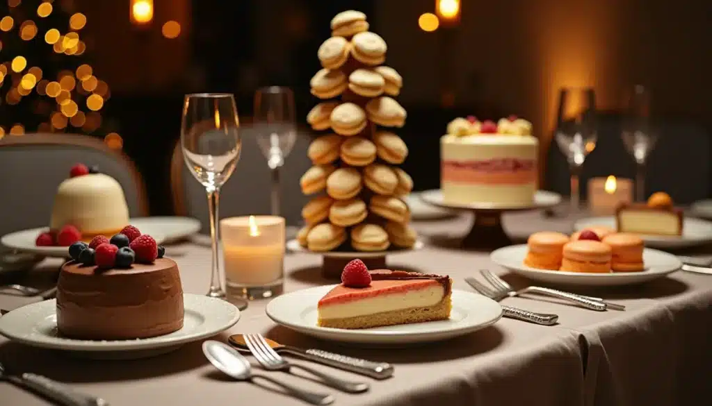 Desserts variés sur une table festive éclairée aux chandelles.