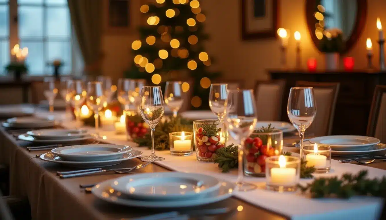Table de Noël décorée avec bougies et vaisselle élégante.