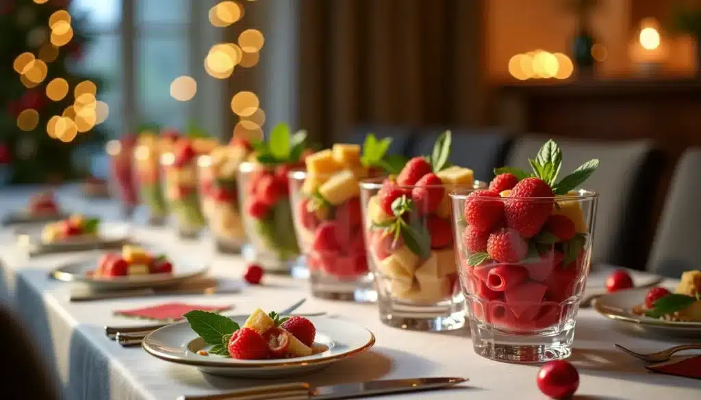 Table avec verrines de fruits colorés