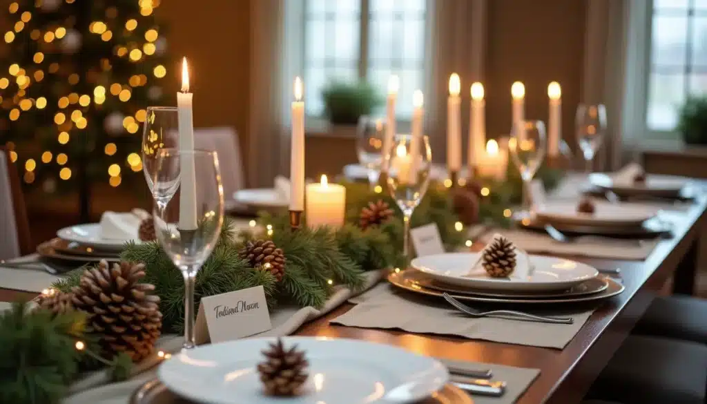 Table de Noël décorée avec bougies et pommes de pin.