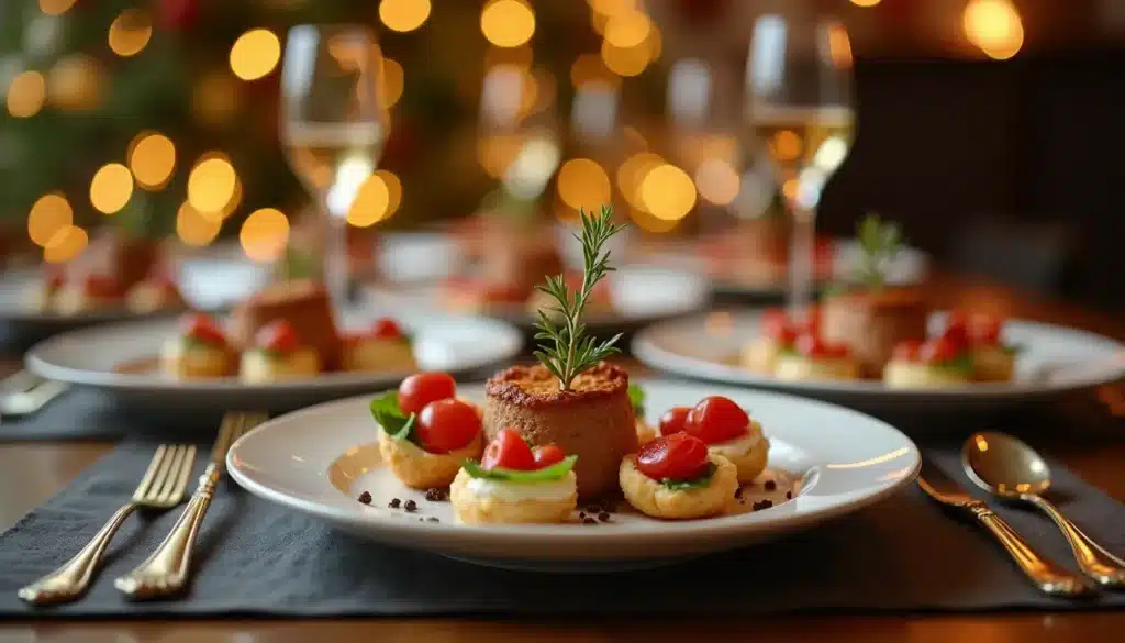 Plat gastronomique décoré avec verrines et verrerie